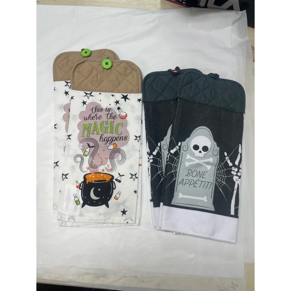 Halloween Hanging Kitchen Towels 4pc Set Bone Appetit Magic Happens Spooky Decor